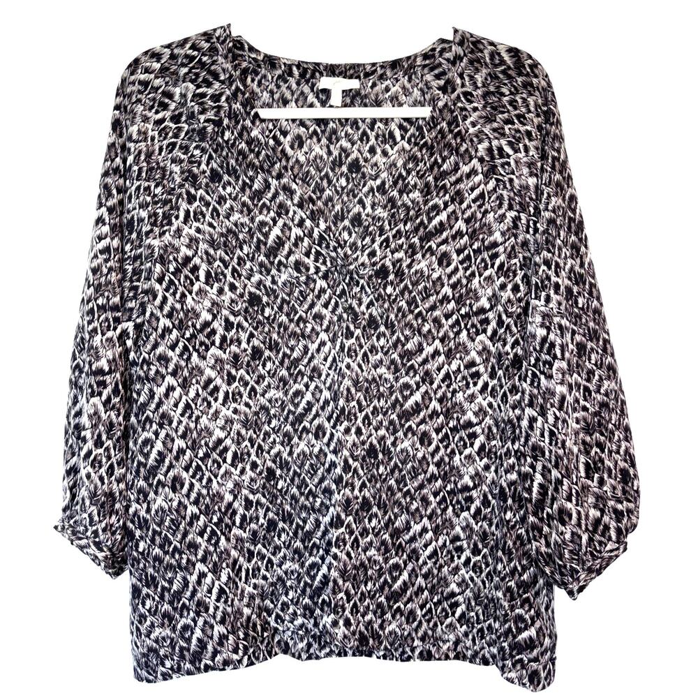 Joie Women's Silk V-Neck Blouse Grey Black Abstract Print 3/4 Sleeve M Boho